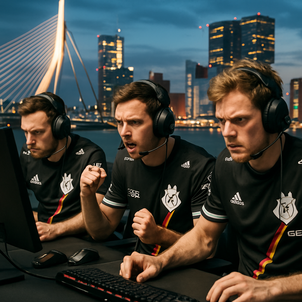 G2 esports team in action during a CS2 match with a stunning Rotterdam skyline