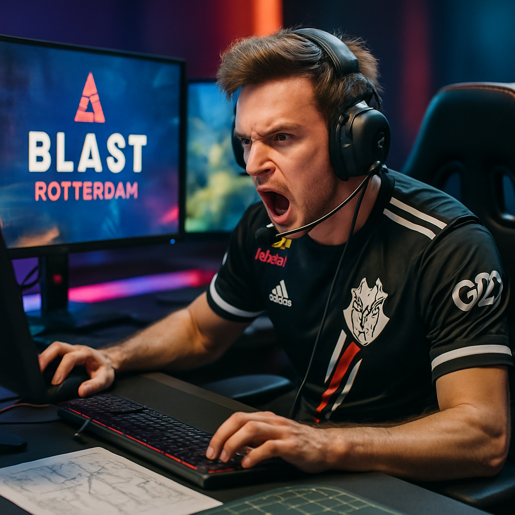 A professional esports player from G2, intensely focused at their gaming setup, showcasing the