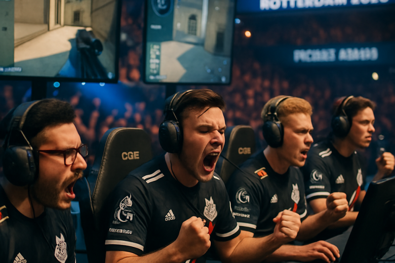 G2 Esports competing energetically in BLAST Rotterdam 2026, focusing on teamwork and concentration.