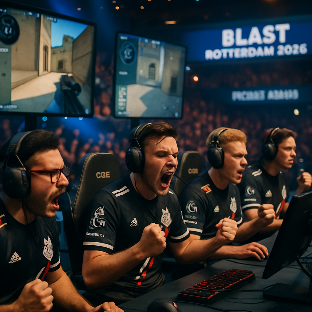 G2 Esports competing energetically in BLAST Rotterdam 2026, focusing on teamwork and concentration.