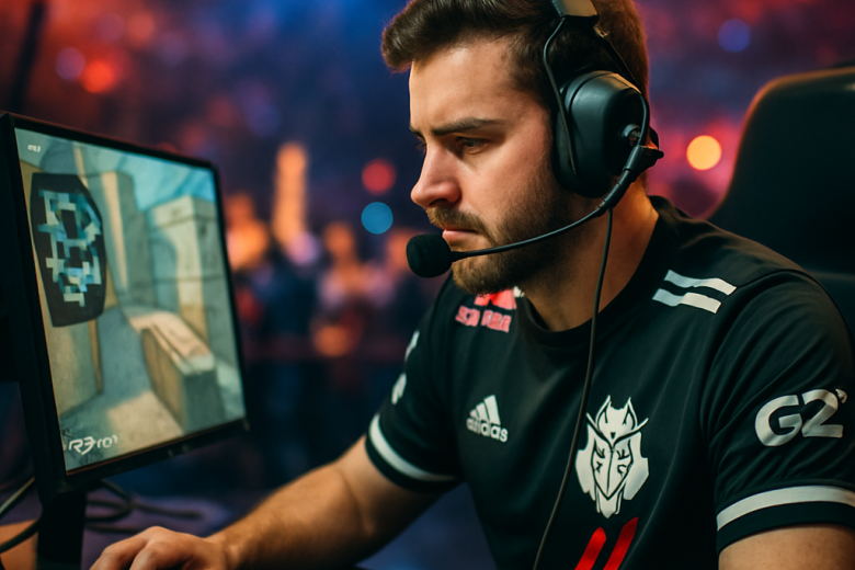 An esports gamer from G2 engaged in a high-stakes match displaying concentration amidst an