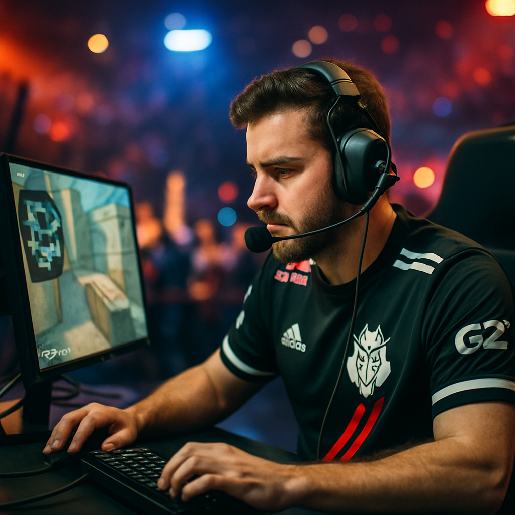 An esports gamer from G2 engaged in a high-stakes match displaying concentration amidst an