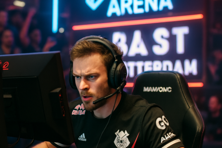 An energetic esports gamer focused on a vibrant gaming setup at the Pichau Arena