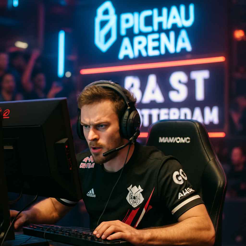 An energetic esports gamer focused on a vibrant gaming setup at the Pichau Arena